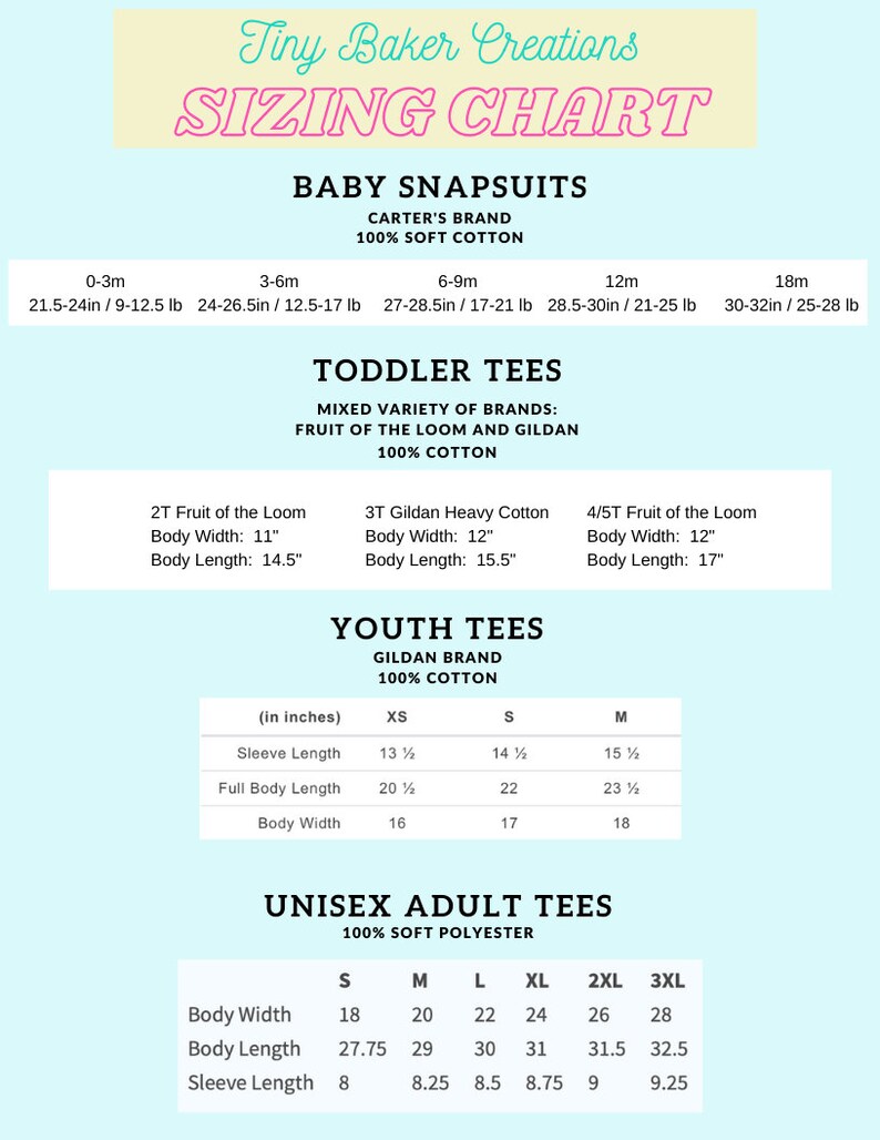 K&ouml;nnte beinhalten: Eine Gr&ouml;&szlig;entabelle f&uuml;r Baby-Bodys, Kleinkind-T-Shirts, Jugend-T-Shirts und Unisex-Erwachsenen-T-Shirts. Die Tabelle enth&auml;lt Ma&szlig;e in Zoll und Pfund f&uuml;r Baby-Bodys und Zoll f&uuml;r Kleinkind-T-Shirts, Jugend-T-Shirts und Unisex-Erwachsenen-T-Shirts. Die Tabelle enth&auml;lt auch die Markennamen und die Stoffzusammensetzung f&uuml;r jede Art von Kleidung.