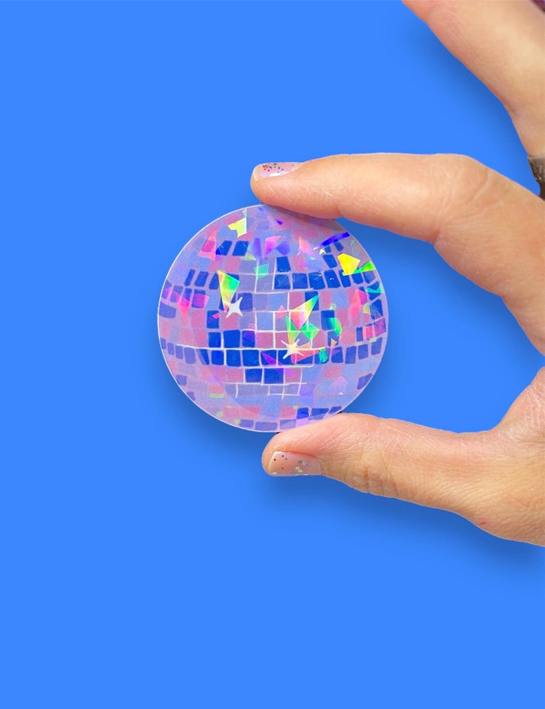 Holographic Rainbow Disco Ball Vinyl Sticker, Blue, pink, purple. Mirror Ball