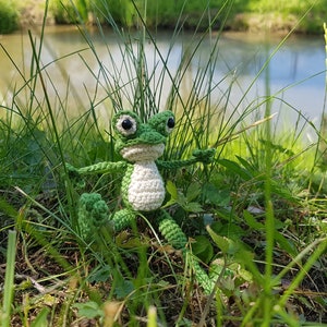 May include: A green crocheted frog sitting in tall green grass near a pond. The frog has white crocheted accents on its belly and large black eyes.