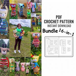 May include: A collection of colorful, handmade crochet animal dolls, including a llama, fox, dog, owl, and deer. The image also includes a PDF crochet pattern bundle with the text "PDF CROCHET PATTERN INSTANT DOWNLOAD Bundle 16-in-1."