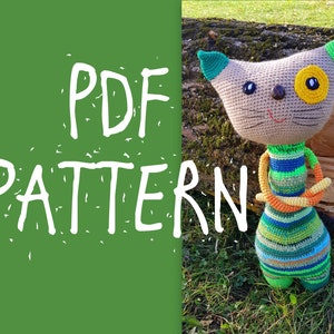 スクラップヤーン猫、大きなかぎ針編みの猫、猫のパターン、カラフルな猫、PDF パターン、デジタルダウンロード PDF、かぎ針編みのあみぐるみ、50 cm のおもちゃ、20 インチのおもちゃ