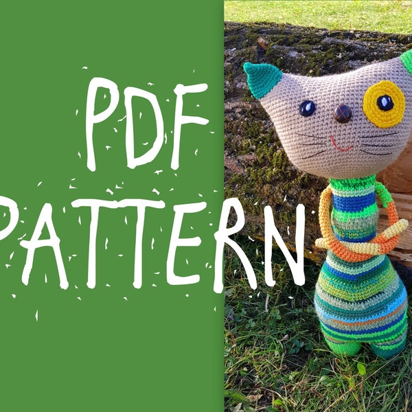 Gatto di filato di scarto, Gatto grande all'uncinetto, Modello gatto, Gatto colorato, Modello PDF, PDF download digitale, Amigurumi all'uncinetto, Giocattolo da 50 cm, Giocattolo da 20 pollici