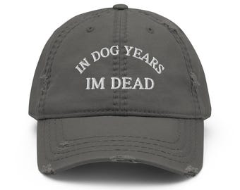 Könnte beinhalten: Eine dunkelgraue, abgenutzte Baseballkappe mit dem in Weiß gestickten Text "In Dog Years Im Dead".