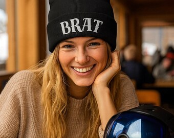 Brat Knit Beanie: White Font, Cotton Blend