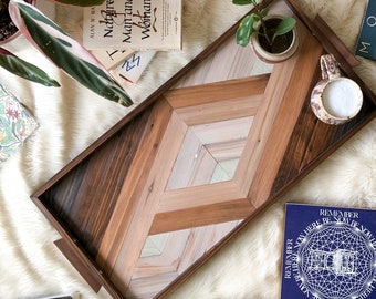 Bandeja otomana con asa de nogal: arte geométrico en madera, decoración para la mesa de centro