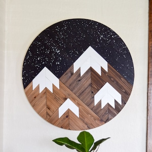 DUSK Wood Wall Art Mountain Wall Hanging Boho Wood Art Round Wooden Wall Art Modern Wood Art Round Wood Art Wood Mosaic image 1