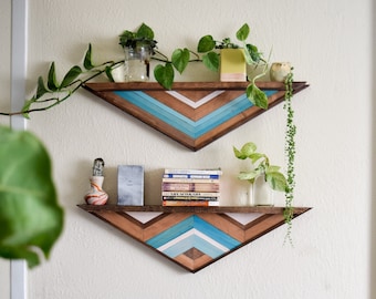 Wood Mosaic Floating Shelves - Set of Two Wood Wall Art Shelves - Wood Shelf - Wooden Wall Art