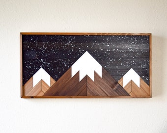 STARRY MOUNTAINS Wood Wall Art  - Modern Home Decor - Rustic Wood Wall Art - Woodland Theme - Geometric Wood Art - Gift for Him