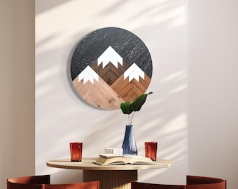 Decoración de pared de madera de montaña: mosaico bohemio redondo, 20" de diámetro.