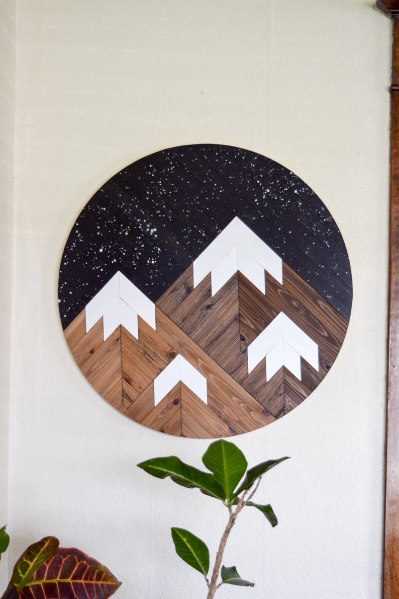 DUSK Wood Wall Art Mountain Wall Hanging Boho Wood Art Round Wooden Wall Art Modern Wood Art Round Wood Art Wood Mosaic image 1