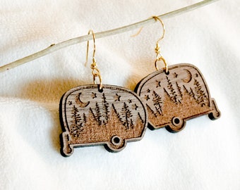 HAPPY CAMPER earrings - walnut wood earrings - natural earrings - wanderlust earrings - gold earrings- camper van earring - camping jewelry