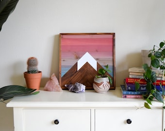 Mountain Sunset Wood Wall Art: Modern Wooden Decor (12x12 inches)