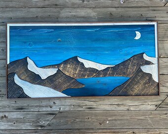 ALPINE Lake and Mountain Range Wood Artwork - Handcrafted Carved Wooden Mountain scene art wall hanging