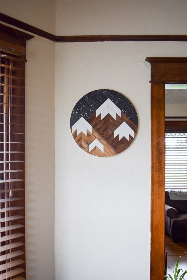 DUSK Wood Wall Art Mountain Wall Hanging Boho Wood Art Round Wooden Wall Art Modern Wood Art Round Wood Art Wood Mosaic image 2