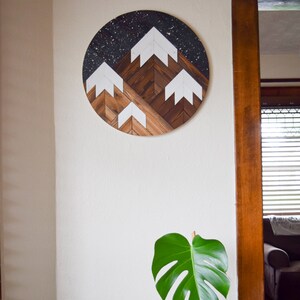 DUSK Wood Wall Art Mountain Wall Hanging Boho Wood Art Round Wooden Wall Art Modern Wood Art Round Wood Art Wood Mosaic image 5