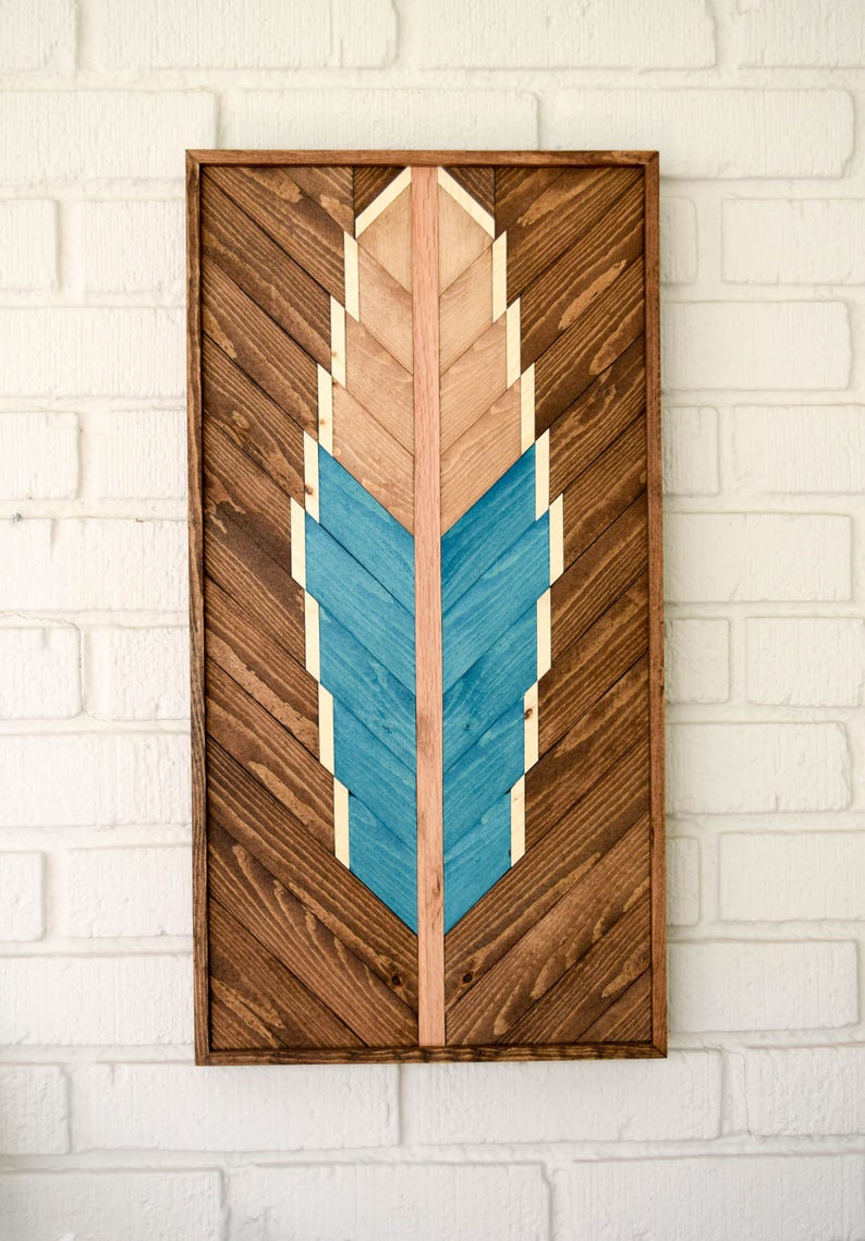 TURQUOISE Wood Wall Art Hanging Feather Wooden Wall Art Etsy