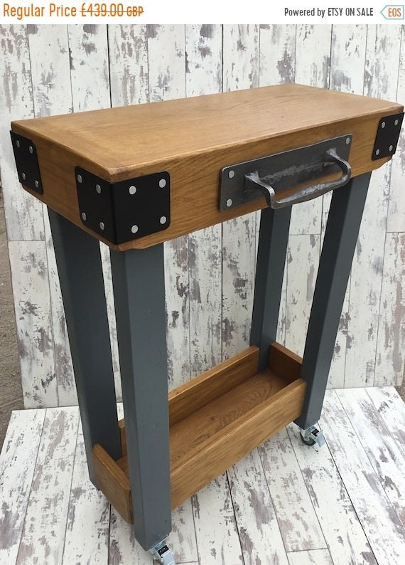 Autumn Sale Cast Iron Handle Painted F&B Solid OAK Butchers Block Hand Made Country Chunky Compact Kitchen Island Trolley