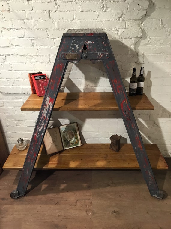 RAF Original *Only 1 !* c.1950’s Cornwall Metal & Reclaimed Pine Plank Ladder Rack Bookcase Display Cabinet Shelf