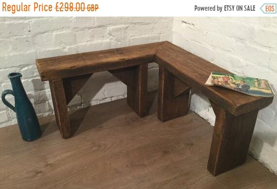 Halloween Sale CHUNKY Hand Made Solid Rustic Vintage Reclaimed Pine Plank Seating CORNER BENCH - Free Delivery at Village Orchard Furniture