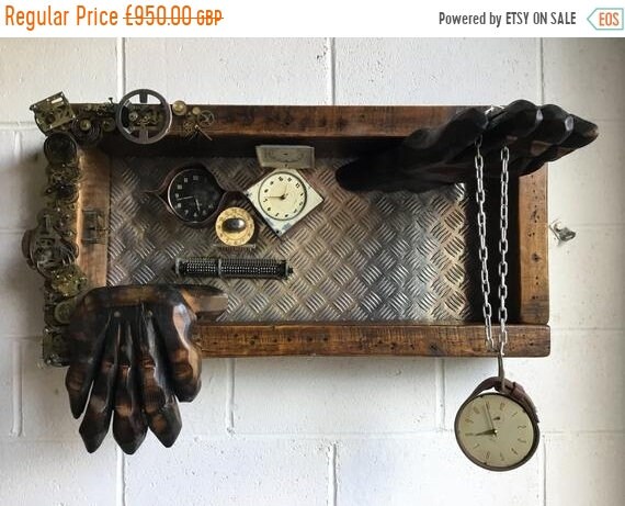 HUGE Sale OOAK Artisan Art Piece - “TIME” - 1800’s Reclaimed Beams, 1960’s Brass Clocks, Copper & Leather - Darlington Old Civic Theatre