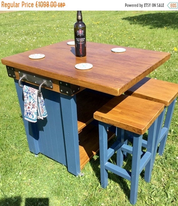 XMAS Sale Stunning Solid OAK Hand Made Country Farrow & Ball Painted Kitchen Table Island and Bar Stools