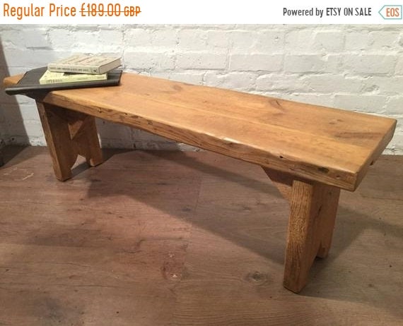 Bonfire Sale / X-Wide 4ft Hand Made Reclaimed Old Pine Beam Solid Wood Dining Bench with Carved Shaped Leg Detail in Light Oak Finish - Made