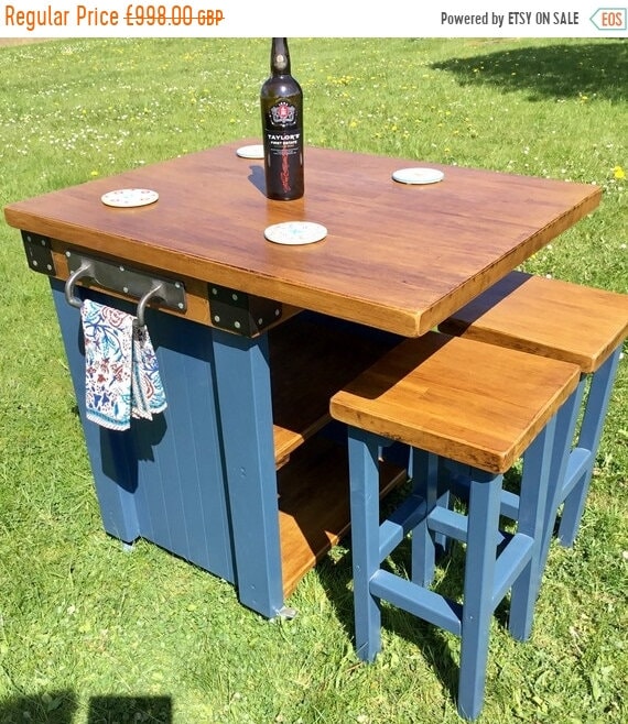 Autumn Sale Stunning Solid OAK Hand Made Country Farrow & Ball Painted Kitchen Table Island and Bar Stools