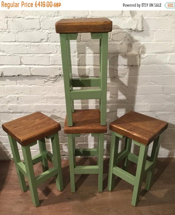 VALENTINE Sale SET of 4 Hand Painted F&B HandMade Reclaimed Solid Wood Pine Kitchen Island Bar Stool - Village Orchard Furniture