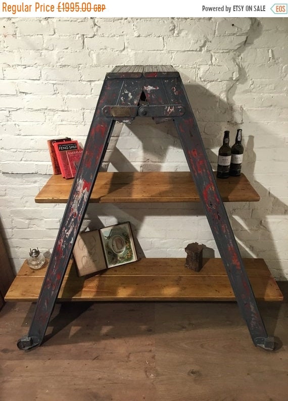 Spring Sale RAF Original *Only 1 !* c.1950’s Cornwall Metal & Reclaimed Pine Plank Ladder Rack Bookcase Display Cabinet Shelf