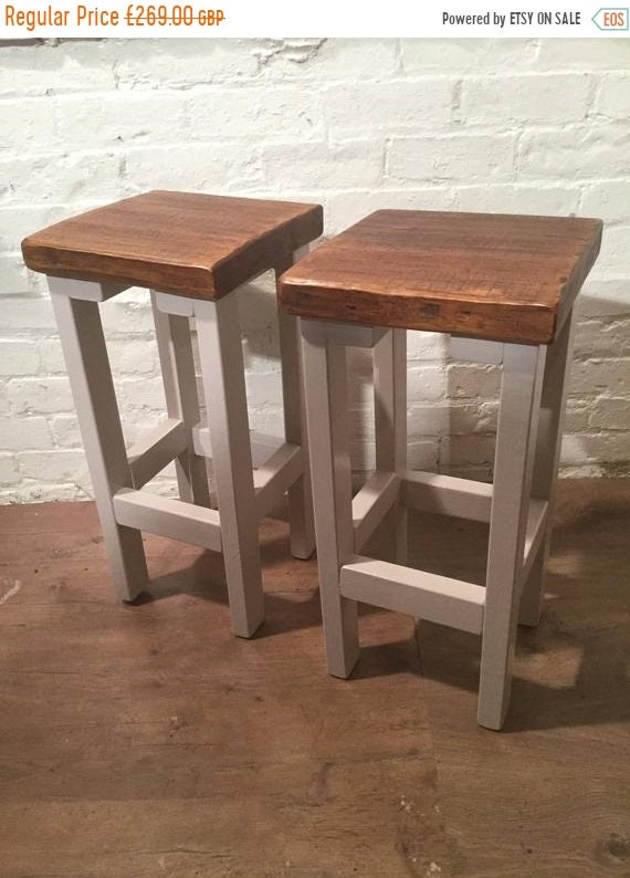 Bonfire Sale / FREE Delivery! A Pair (x2) Hand Painted F&B Rustic Reclaimed Solid Wood Kitchen Island Bar Stool - Village Orchard Furniture