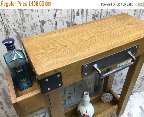 Valentine Sale Solid OAK Rustic Butchers Block Hand-Made Country Chunky Compact Kitchen Island Trolley