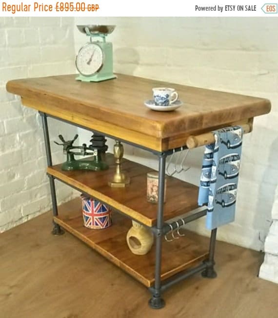 Spring-Sale FREE DELIVERY! Hand Made Industrial Steel Pipe Butchers Block Solid Reclaimed Pine Kitchen Island Table