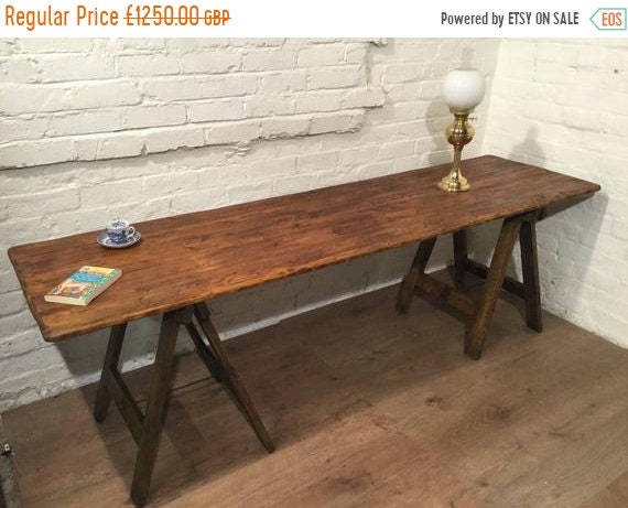 Halloween Sale 8ft Antique HandMade 1850 Reclaimed Pine Floorboards on 1890s Pine Trusses Trestle Table - Village Orchard Furniture