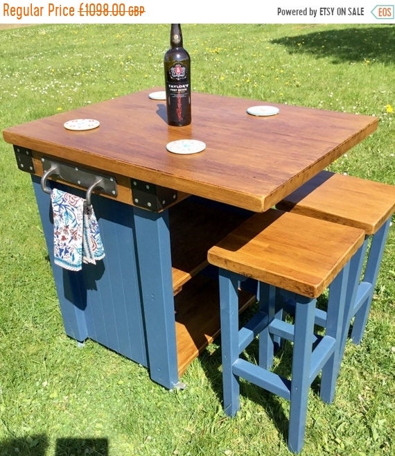 New Year Sale Stunning Solid OAK Hand Made Country Farrow & Ball Painted Kitchen Table Island and Bar Stools