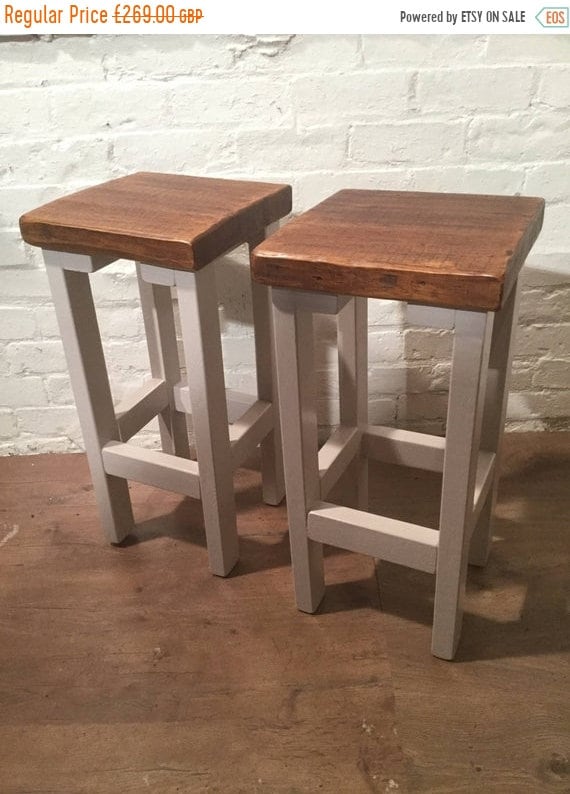 Xmas SALE FREE Delivery! A Pair (x2) Hand Painted F&B Rustic Reclaimed Solid Wood Kitchen Island Bar Stool - Village Orchard Furniture