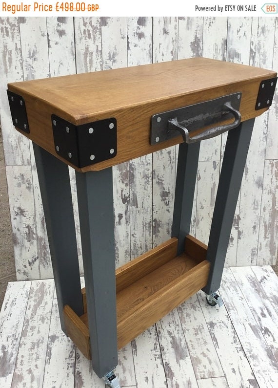 XMAS Sale Cast Iron Handle Painted F&B Solid Oak Butchers Block Hand Made Country Chunky Compact Kitchen Island Trolley