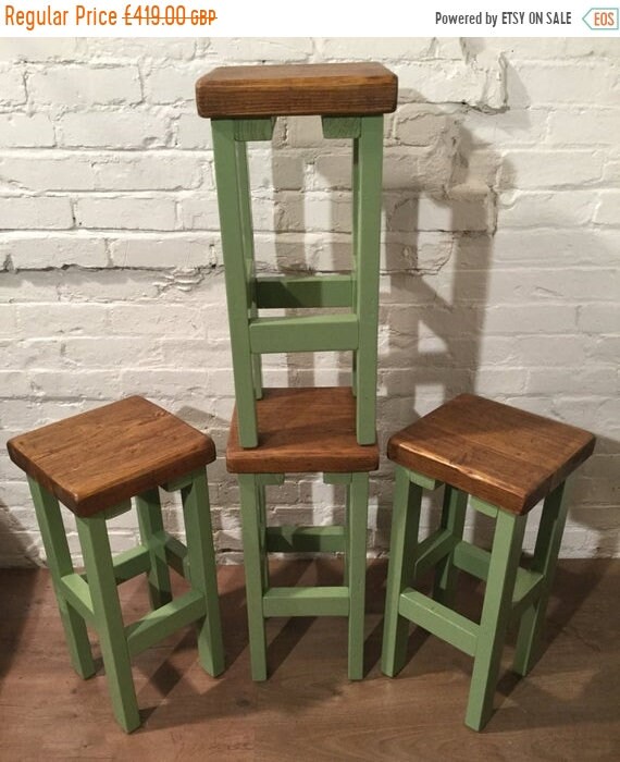 August sale SET of 4 Hand Painted F&B HandMade Reclaimed Solid Wood Pine Kitchen Island Bar Stool - Village Orchard Furniture