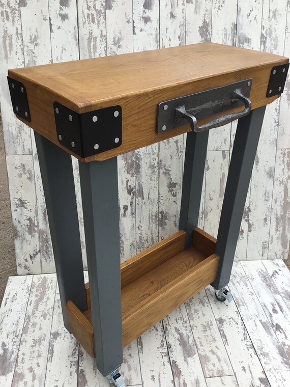 Cast Iron Handle Painted F&B Solid OAK Butchers Block Hand Made Country Chunky Compact Kitchen Island Trolley
