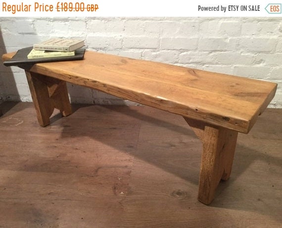August sale X-Wide 4ft Hand Made Reclaimed Old Pine Beam Solid Wood Dining Bench with Carved Shaped Leg Detail in Light Oak Finish - Made in