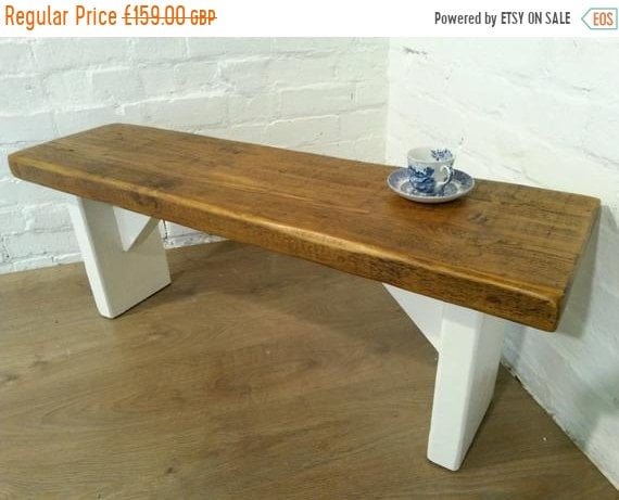 Xmas Sale Free Delivery! Extra-Wide F&B Painted 4ft Hand Made Reclaimed Old Pine Beam Solid Wood Dining Bench - Village Orchard Furniture