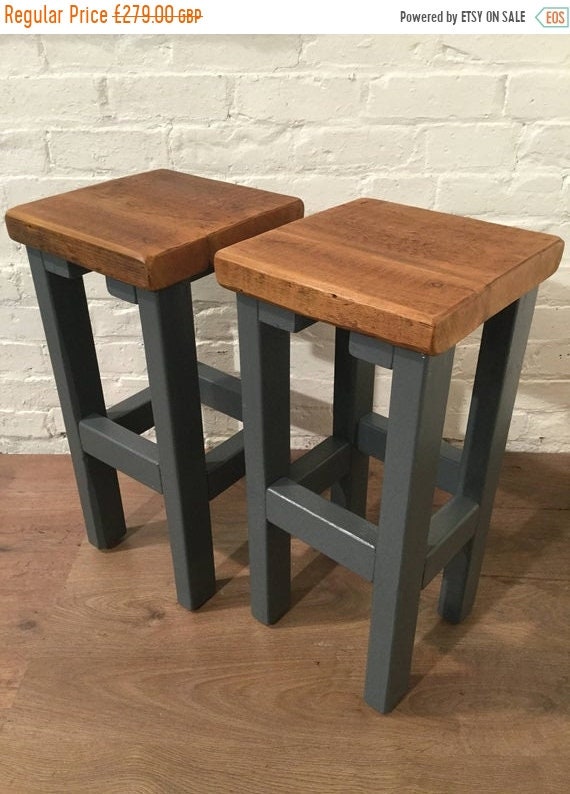 Xmas Sale FREE Delivery! A Pair (x2) Hand Painted F&B Rustic Reclaimed Solid Wood Kitchen Island Bar Stool - Village Orchard Furniture