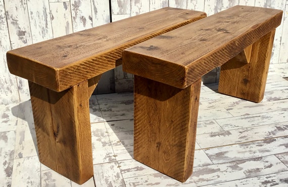 2x OLD ENGLISH Chunky (1x PAIR) 100cm Hand Made Reclaimed Pine Beam Solid Wood Dining Bench