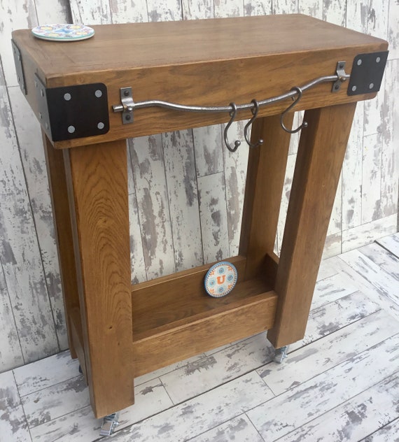 Solid OAK Rustic Butchers Block Hand Made Country Chunky Compact Kitchen Island Trolley