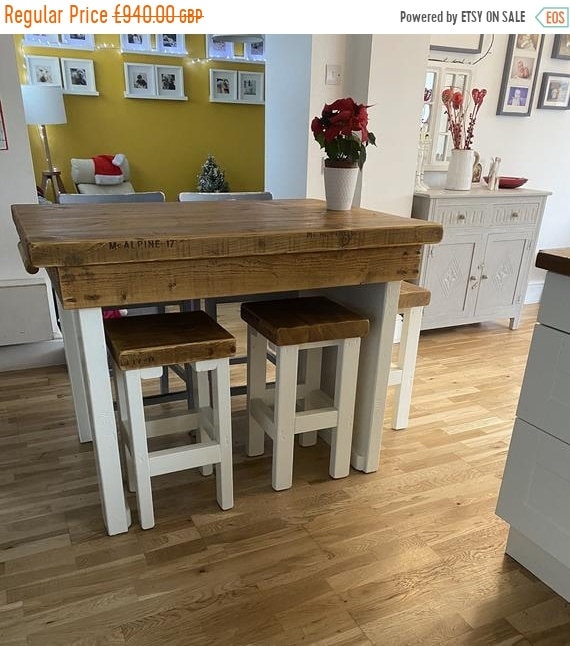 JAN SALE British Hand-Made Kitchen Island Breakfast Bar & 2 Stools British Hand Made Solid Reclaimed Pine Table