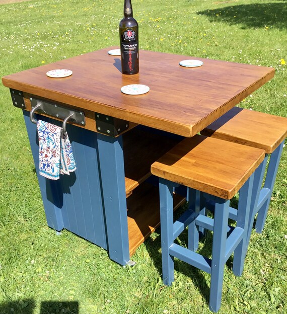 Stunning Solid OAK Hand Made Country Farrow & Ball Painted Kitchen Table Island and Bar Stools