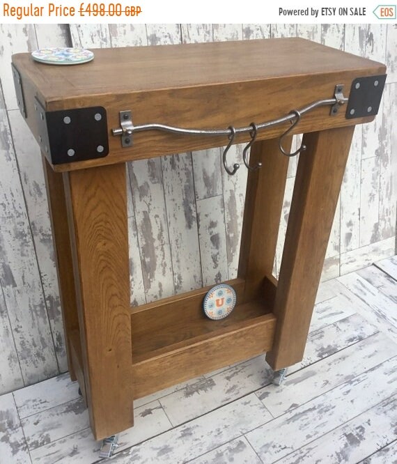 Valentine Sale Solid OAK Rustic Butchers Block Hand Made Country Chunky Compact Kitchen Island Trolley