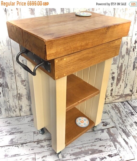 Autumn Sale Country Cream Solid OAK Railway Sleeper Butchers Block Farrow & Ball Painted Compact Kitchen Island Table
