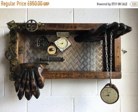 August sale OOAK Artisan Art Piece - “TIME” - 1800’s Reclaimed Beams, 1960’s Brass Clocks, Copper & Leather - Darlington Old Civic Theatre
