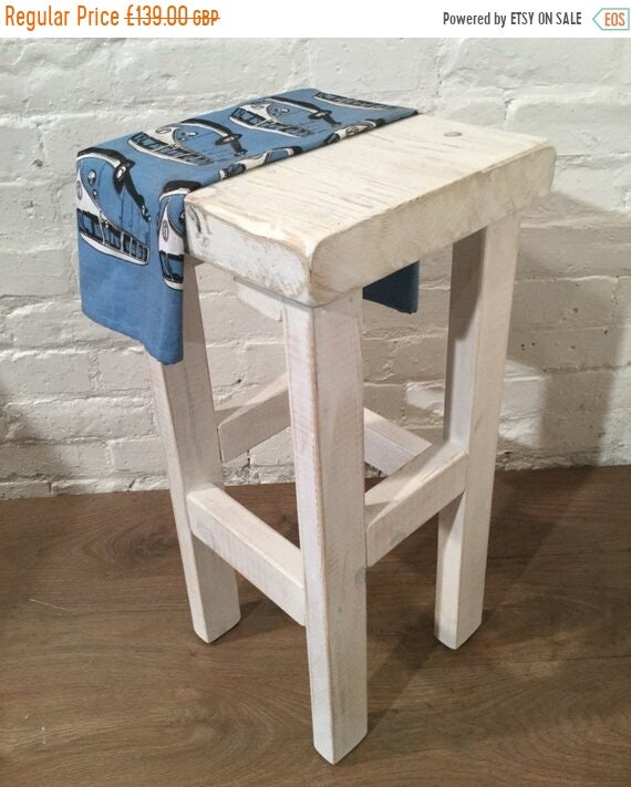 Autumn Sale Hand Painted Whitewash Hand Made Reclaimed Solid Wood Kitchen Island Bar Stool - Hand Made by Village Orchard Furniture