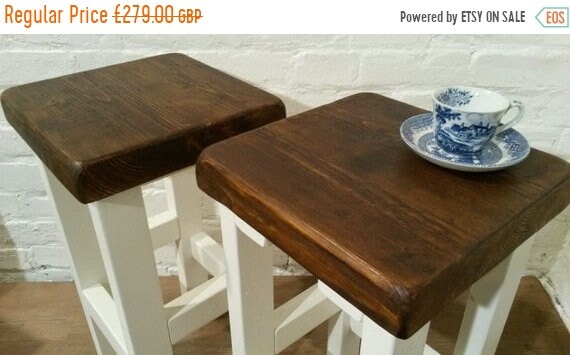 Xmas Sale FREE Delivery! A Pair (x2) Hand Painted F&B White Reclaimed Solid Wood Kitchen Island Bar Stool - Village Orchard Furniture